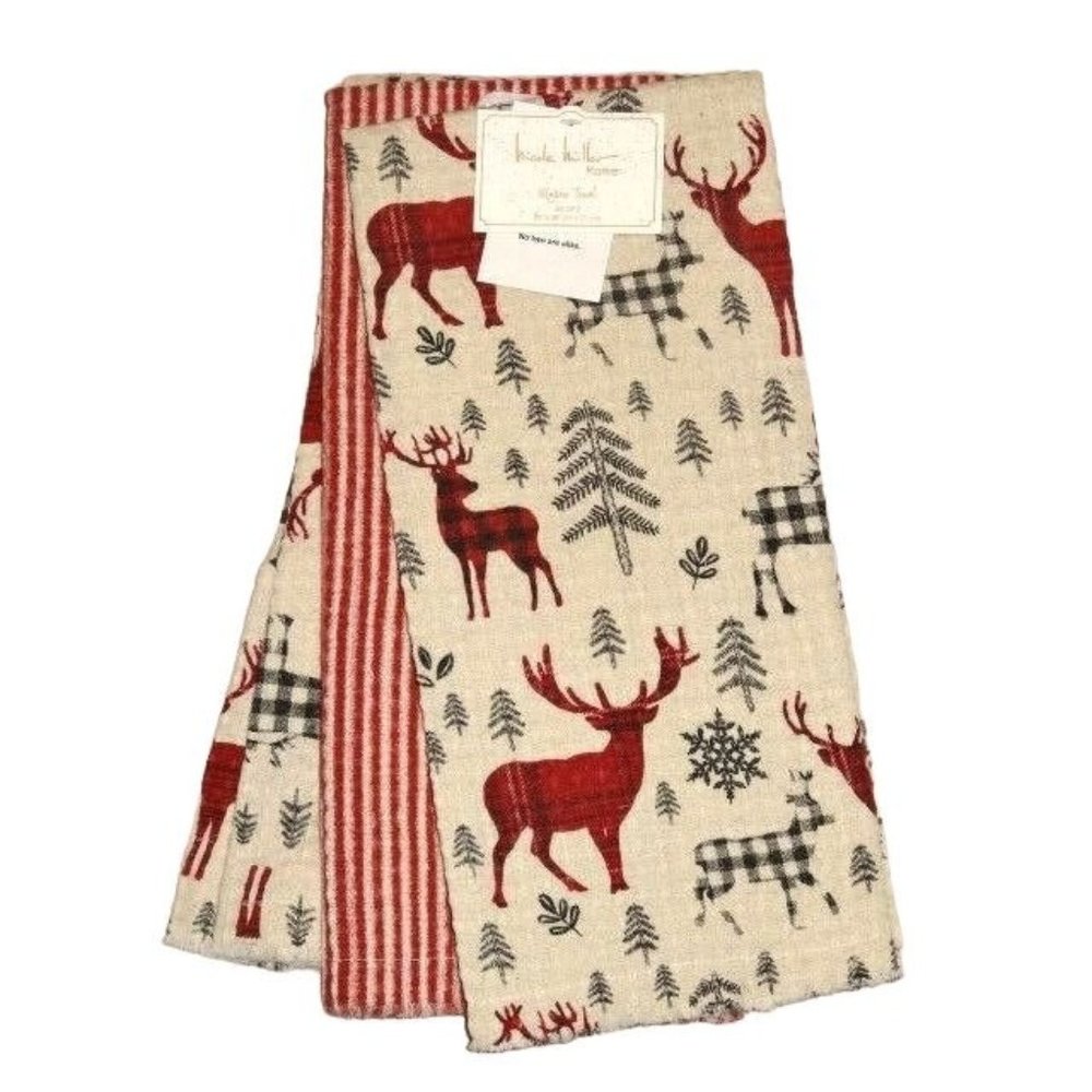 Reindeer Elk Kitchen Tea Towels Set of 3 Animal Print Stripe Waffle Weave Cotton